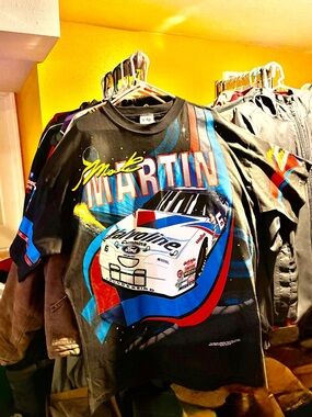 Cotton Express Black Racing Graphic Tee with Blue, Red, Yellow Accents